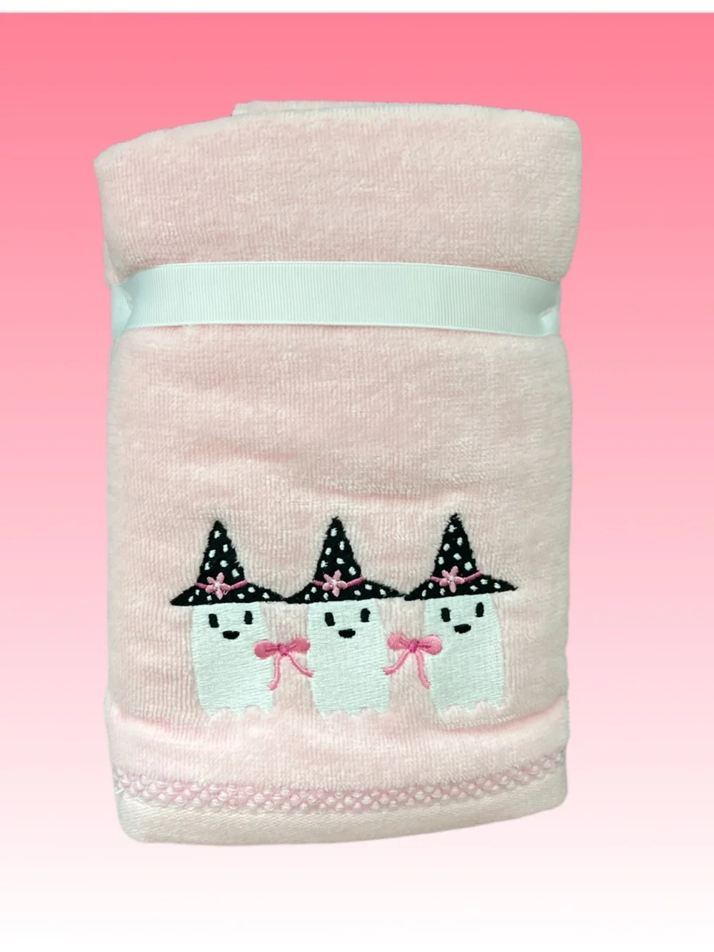 Halloween Ghost Embroidered Towel- soft pink (2)